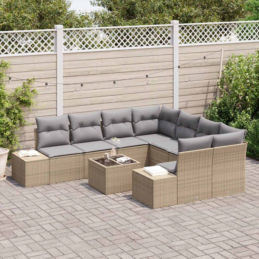 Set di Divani da Giardino da 9 Pezzi con Cuscini Beige in Rattan Poliestere