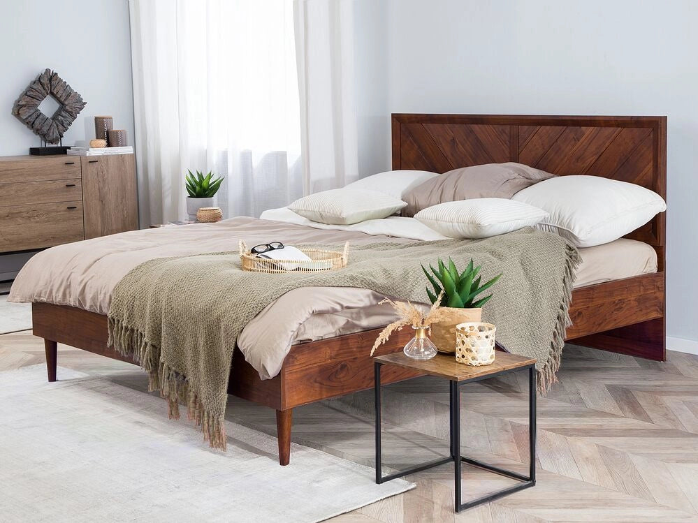 Letto Marrone Aspetto Legno con Rete a Doghe Testata Alta 180 x 200 cm stile vintage matrimoniale