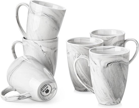 Set di 6 Tazze da Caffè in Marmo Grigio 560ML - Tazze da Tè e Caffè in Poro da Sap, Latte, Cappuccino e Cacao - Resistenti a Microonde e Lavastoviglie