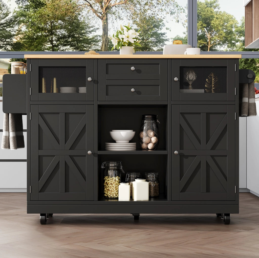 Carrello cucina 140x40x93.5 cm con piano pieghevole; 2 cassetti; MDF nero
