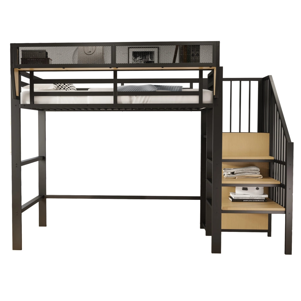 Letto a soppalco 90x200 in metallo nero con scala di sicurezza e ripiano regolabile