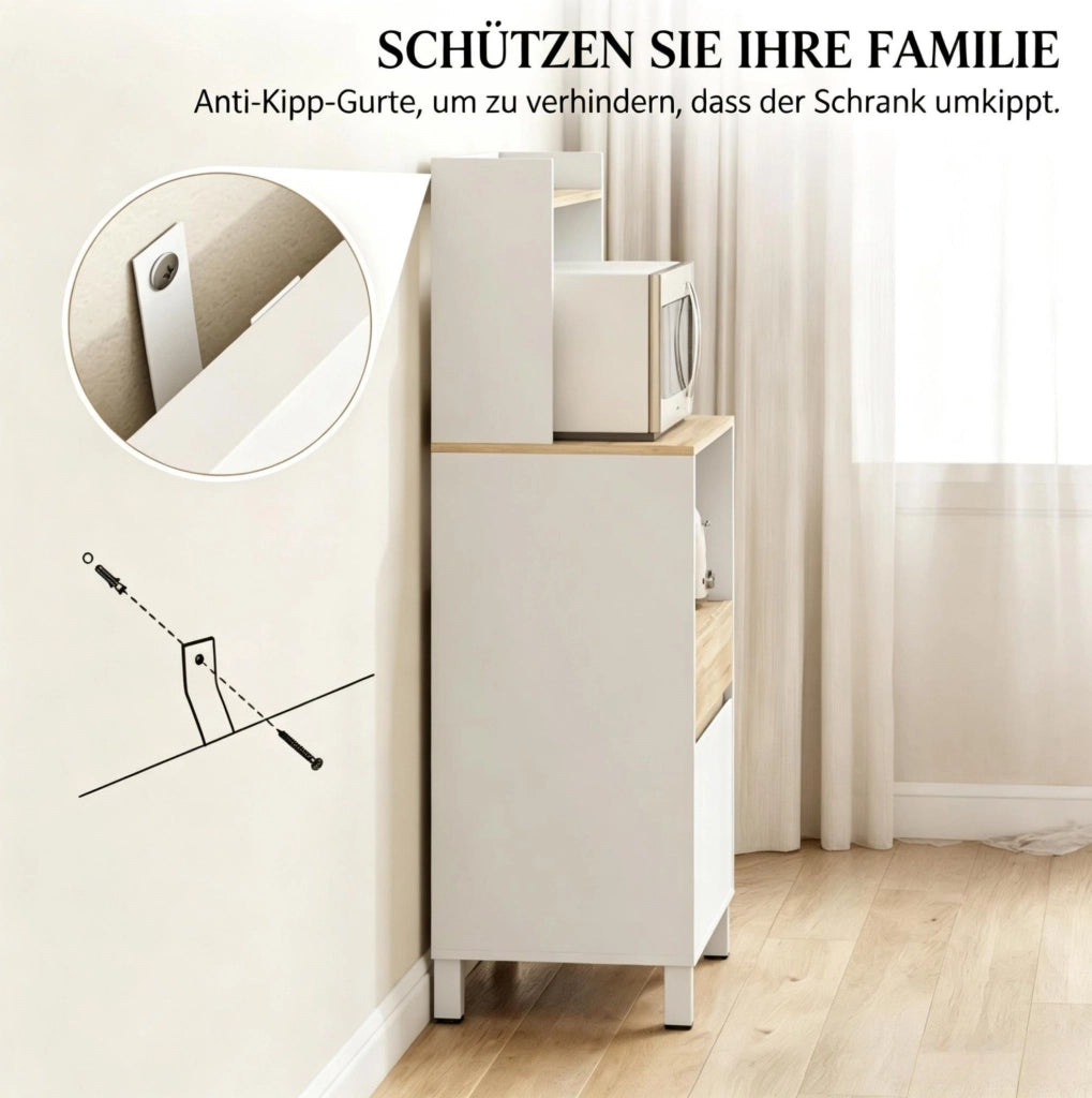 Mobiletto per Microonde con Ripiani e Cassetto, Bianco o Rovere, 60x40x131 cm