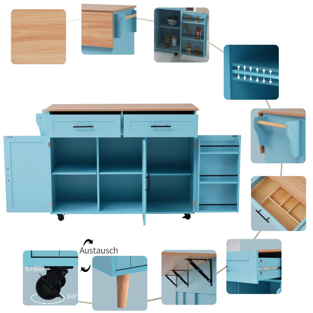 Carrello da cucina pieghevole blu con piano estensibile