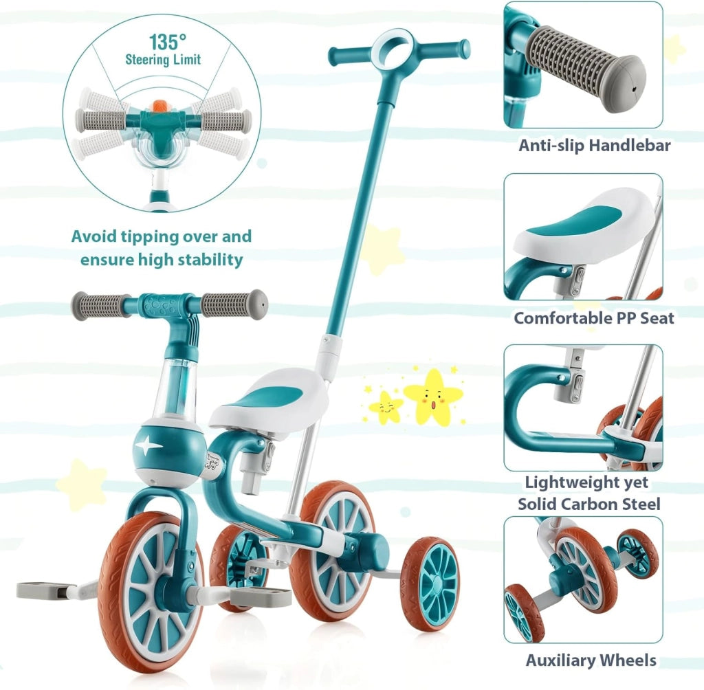 4 in 1 Triciclo Evolutivo per Bambini, Bicicletta Bambini con Manico a Spinta Regolabile in 4 Posizioni, Sellino in 2 Posizioni, Pedali Rimovibili, per Bambini e Bambine da 1 Anno + (Verde)