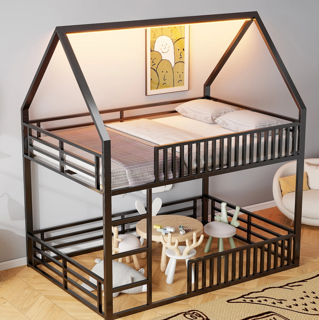 Letto a castello a forma di casa 140x200 con ringhiera e luci LED, nero