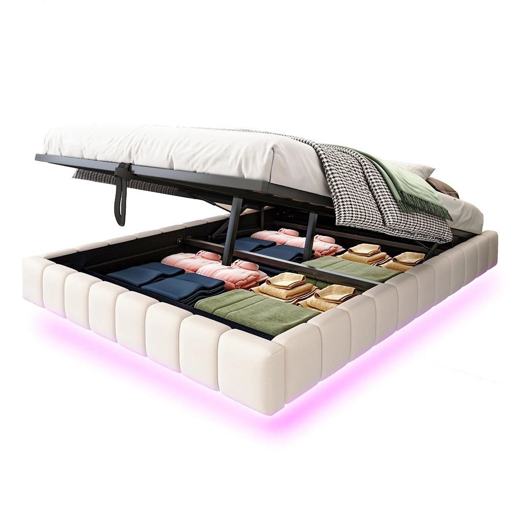 Letto-Xylo-140x200 cm-idraulico, LED, senza testiera, lino beige