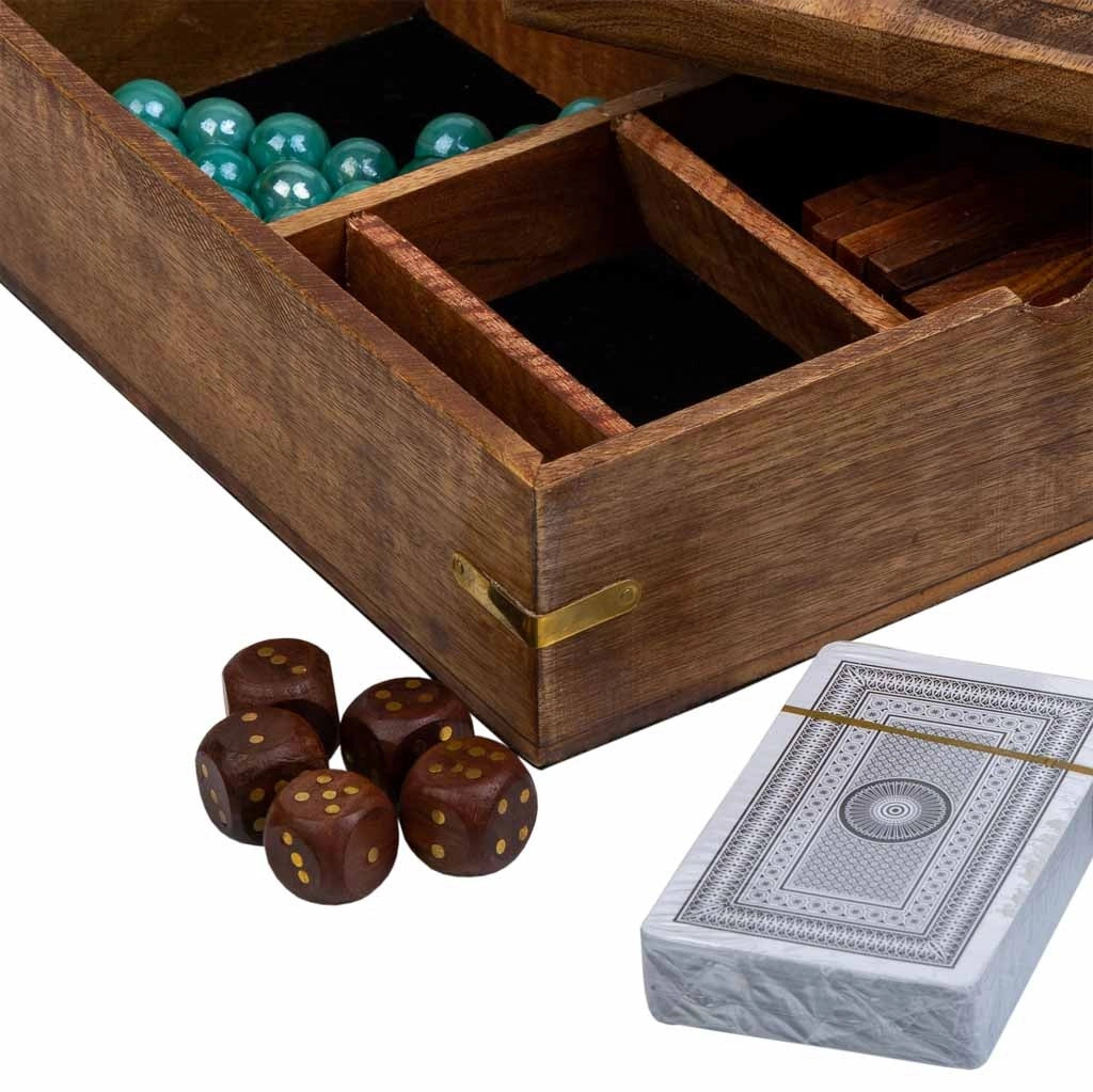 Gioco 5 in 1 (3 di fila+Domino+dadi+2 carte+solitario) in scatola legno marrone 23x23xh
