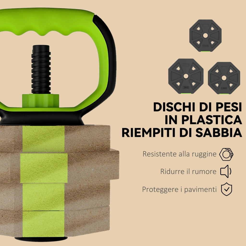 Set Pesi Palestra 6 in 1 Multifunzione da 20kg Totali 125x18x18 cm in Plastica e Sabbia Verde
