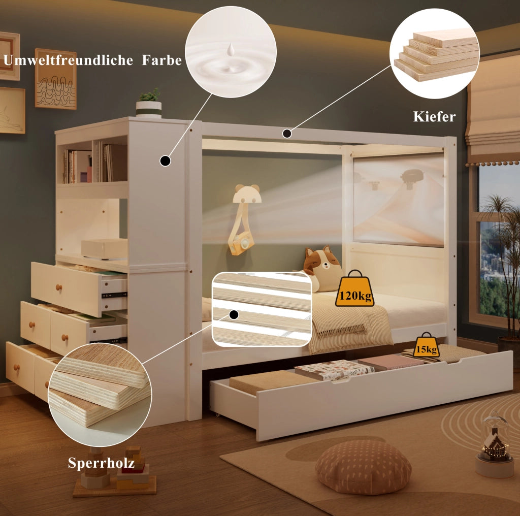 Letto singolo con cassettiera e ampio spazio contenitivo
