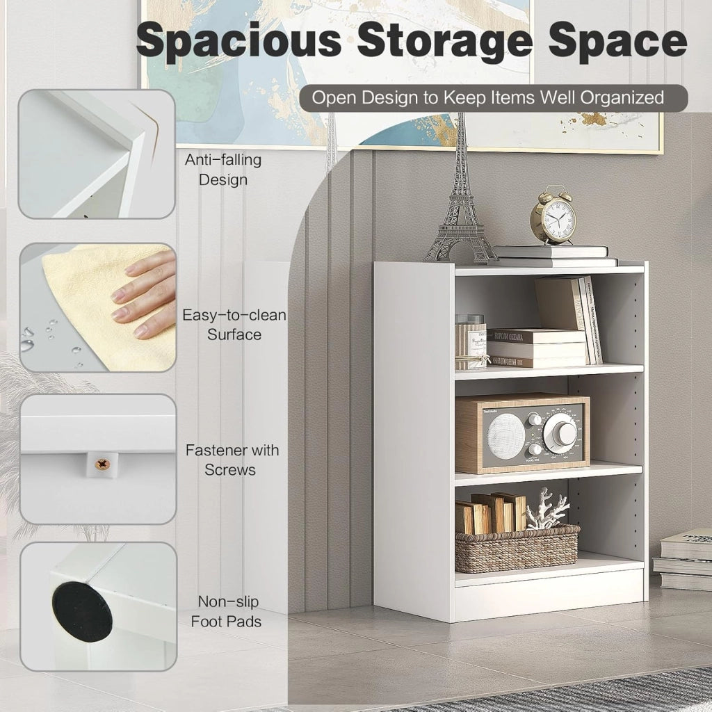 Libreria Scaffale a 3 Livelli Aperti, Libreria Verticale Moderna con Ripiani Regolabili, Dispositivo Antiribaltamento, Mobile per Camera da Letto, Soggiorno, 50 x 30 x 75 cm (Bianco)