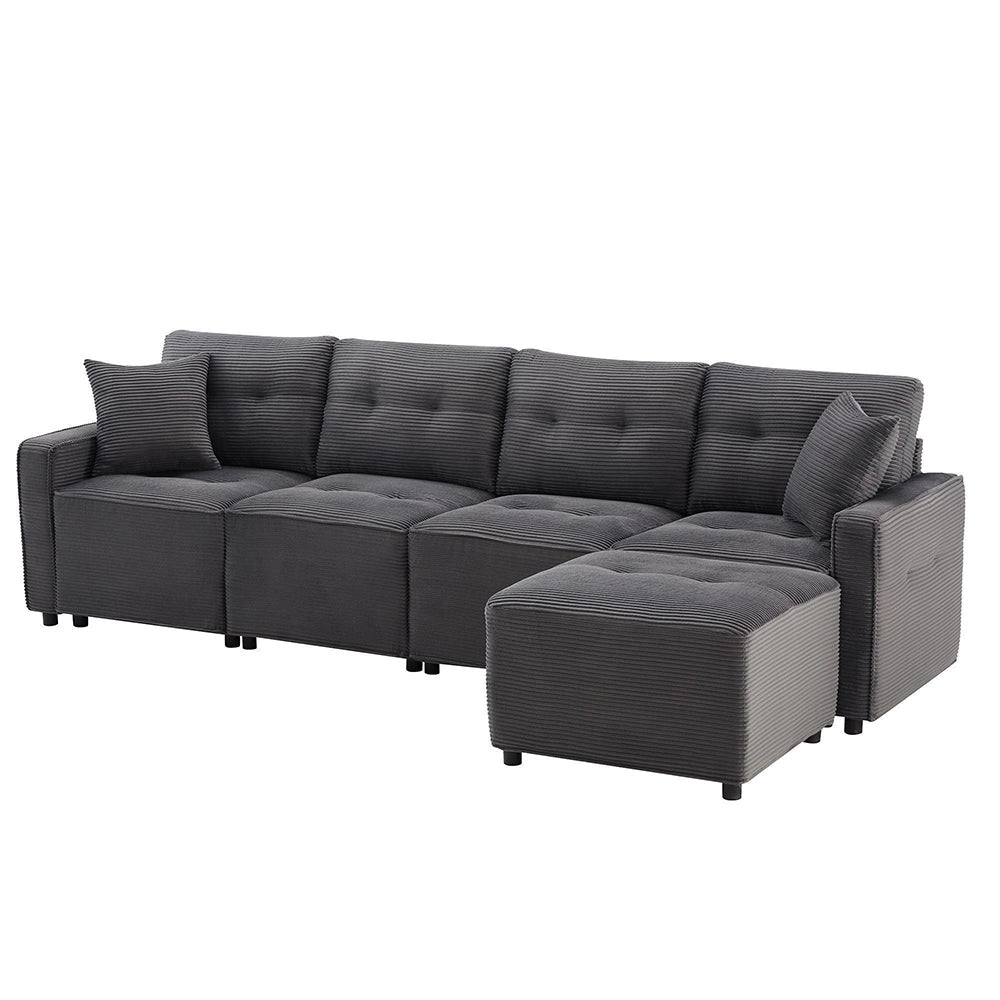 Divano 4 posti in velluto costato con pouf - Xylo - Grigio - 280x146x85 cm - Sedili con spazio di archiviazione