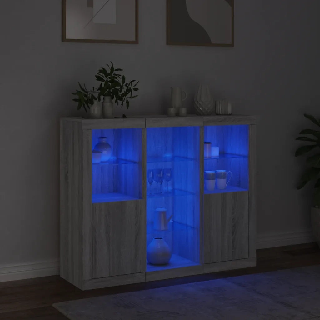 Credenze con Luci LED 3 pz Grigio Sonoma in Legno Multistrato