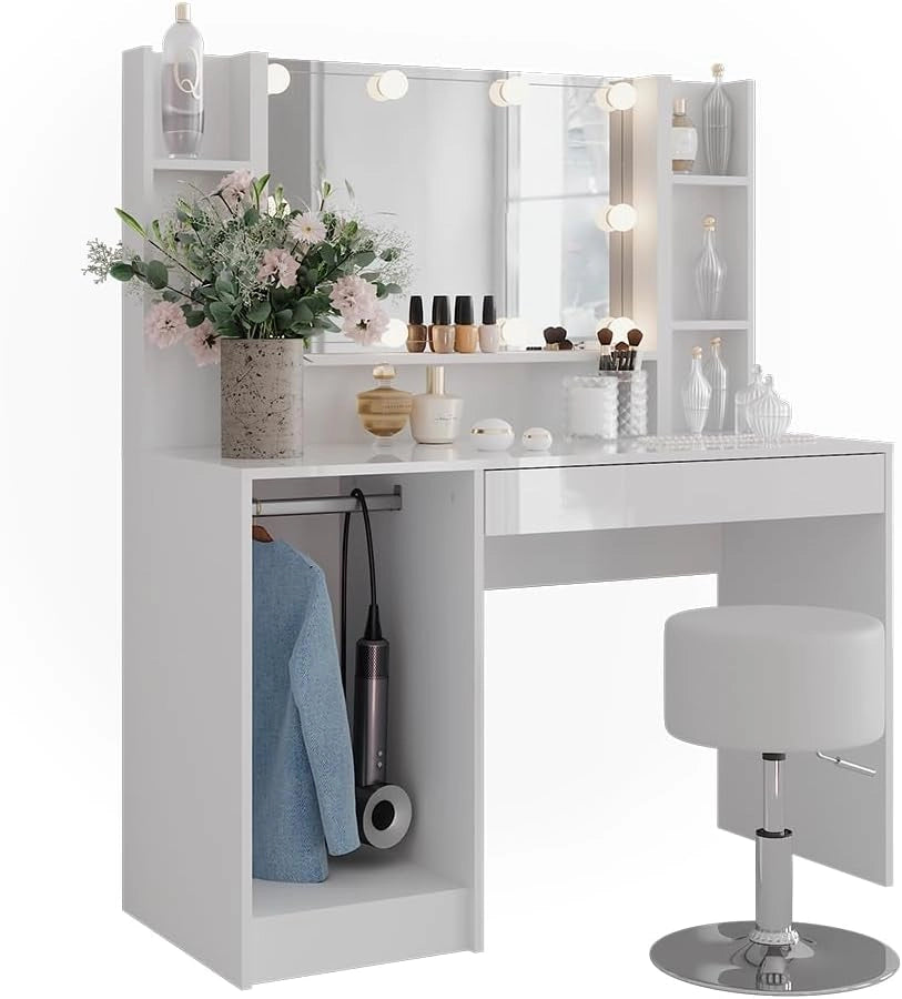 Tavolo da toeletta Sherry, Bianco/bianco lucido, 119.8 cm 5 parti