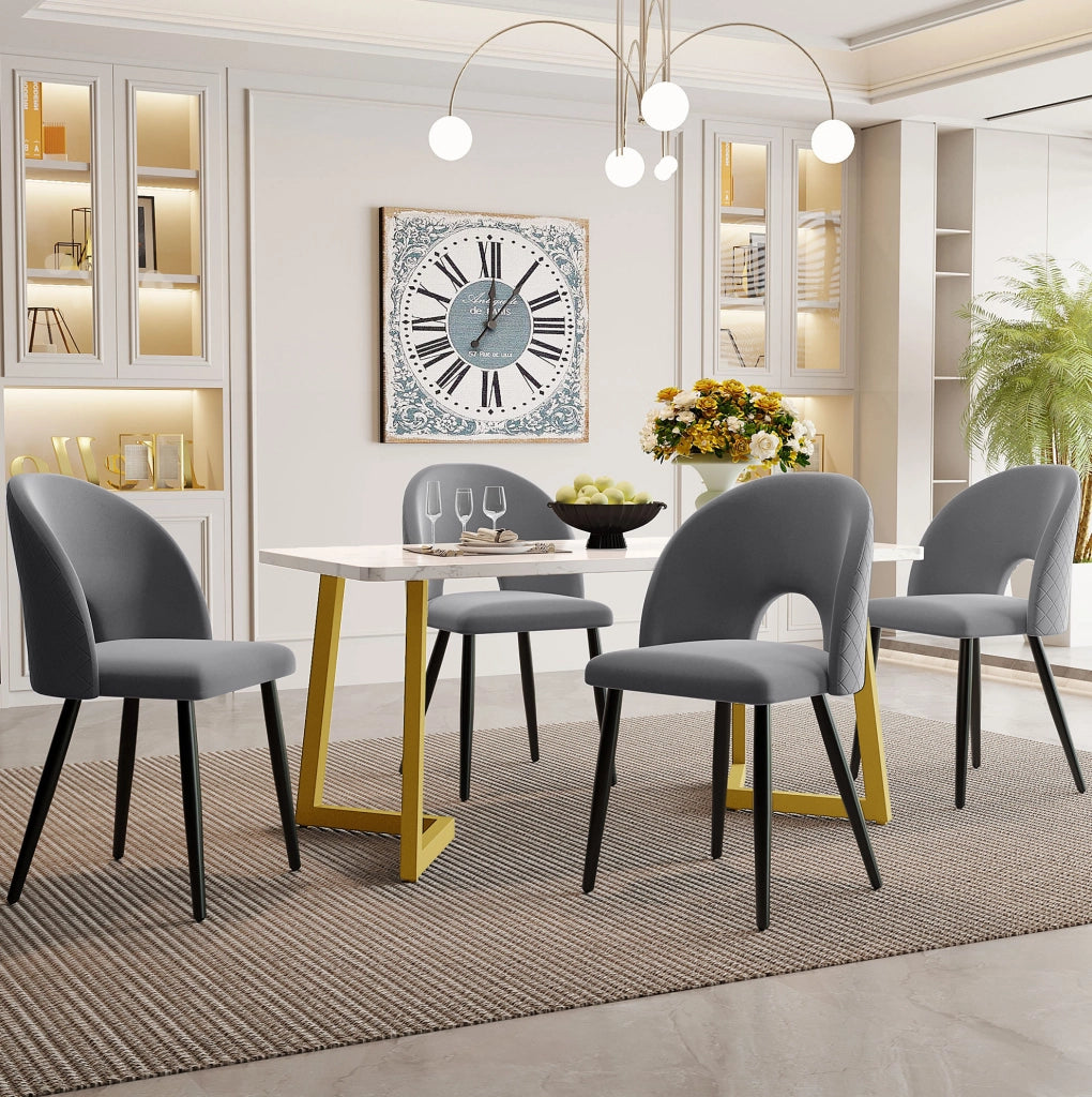 Set da pranzo 5 pezzi con sedie imbottite; schienale con motivo a rombi; velluto grigio