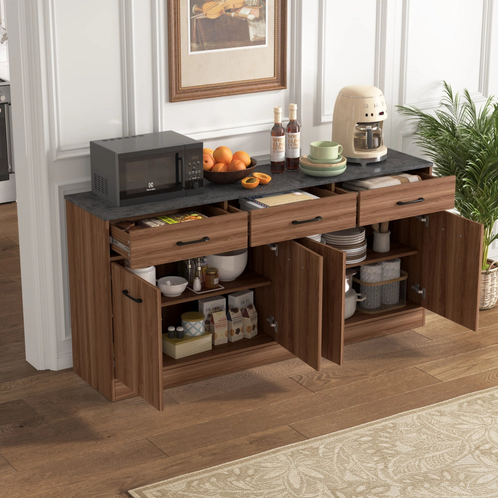 Credenza da Cucina con 3 Cassetti e Ripiani Regolabili ¨C MINIMAL ¨C Effetto Cemento e Noce, 76,5x160x37cm