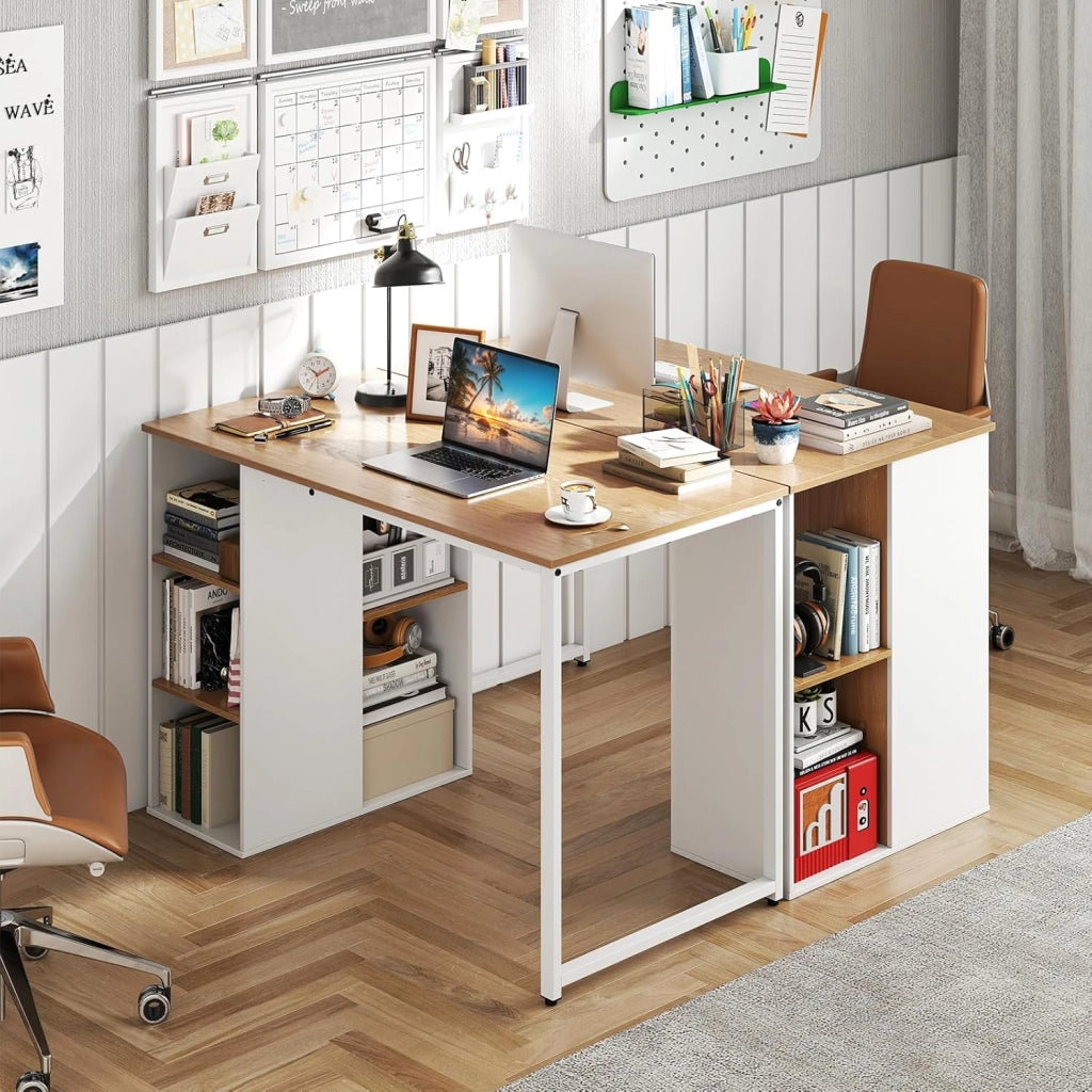 Scrivania per computer con stoccaggio, tavolo da studio con 5 scomparti aperti e struttura in metallo, moderna di lavoro a casa (naturale)