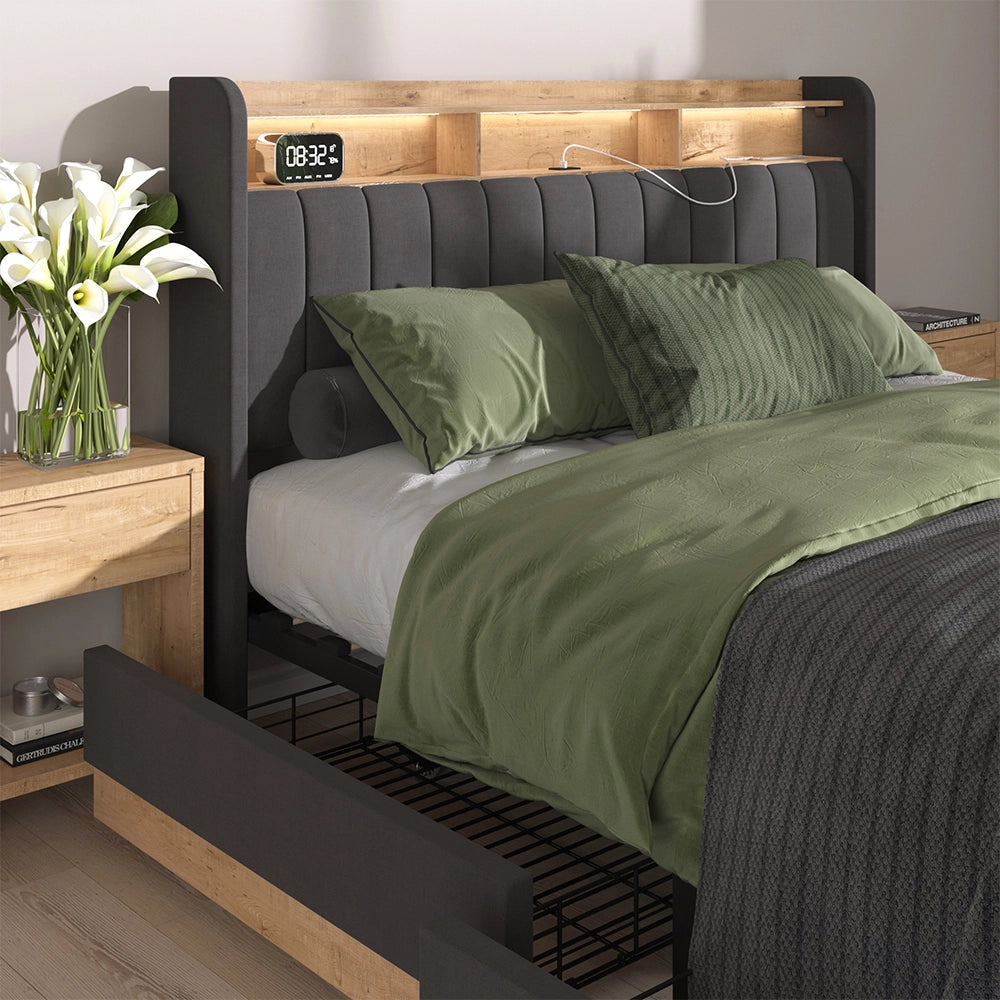 Vitalispa Letto imbottito Antracite 160x200 cm con 4 cassetti