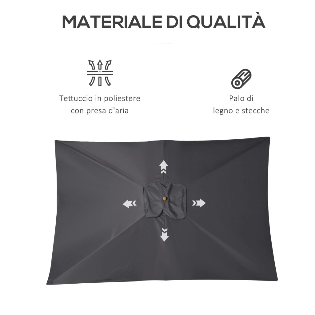Ombrellone da Giardino 2x3m in Legno e Bamb¨´ con 8 Stecche e Copertura in Poliestere, Grigio Scuro