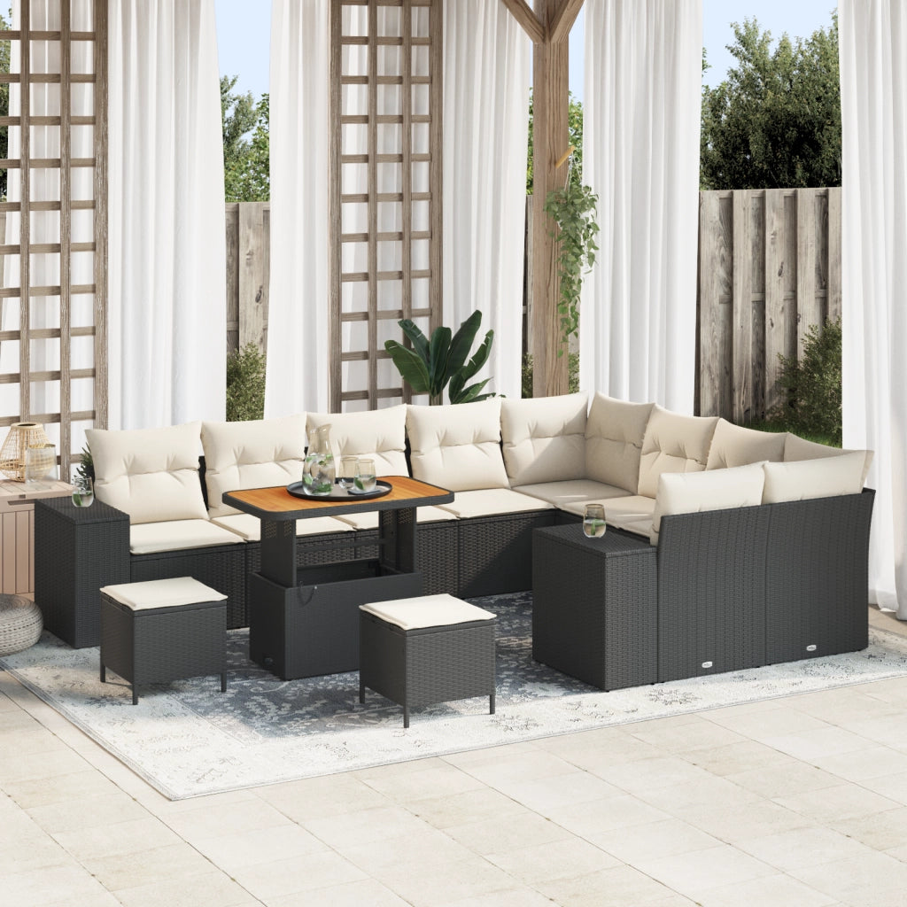 Set Divano Giardino 12 Pezzi con Cuscini Nero Polyrattan Acacia