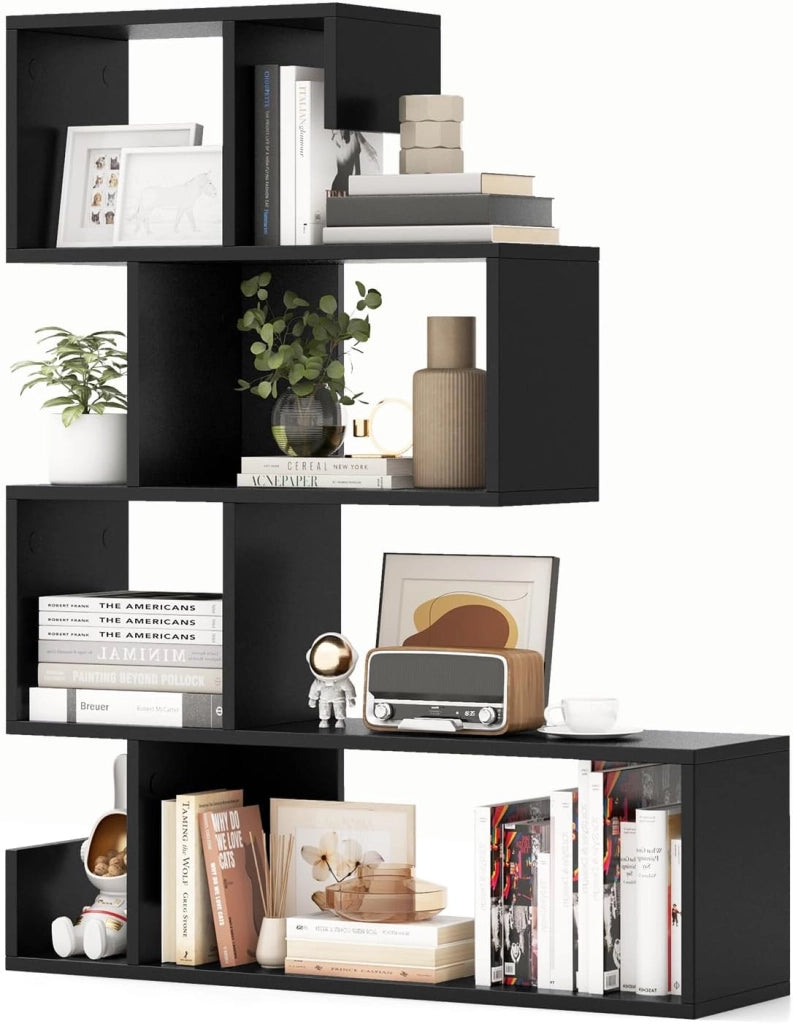 Libreria a Forma di S a 4 Ripiani, Scaffale Aperto Portaoggetti in Legno, Scaffale Verticale Separatore Multifunzionale, per Camera da Letto, Studio, Soggiorno, 80 x 22 x 100 cm (Nero)