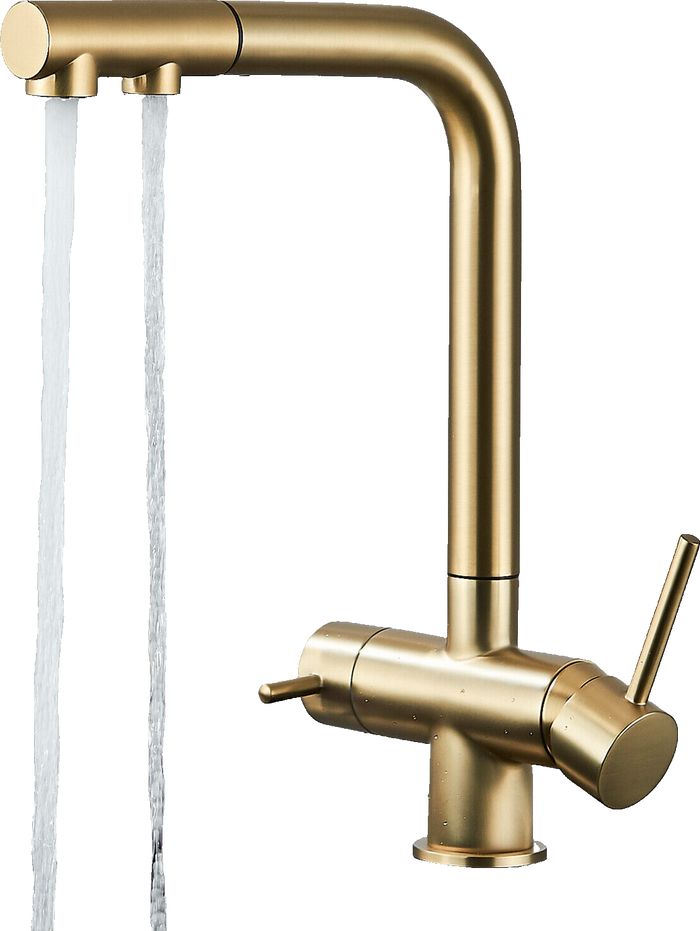 Felix | Rubinetto estensibile 3 vie oro opaco | Rubinetto cucina osmosi Gastro acciaio inossidabile | Miscelatore 360 gradi | Filtra 3 connessioni