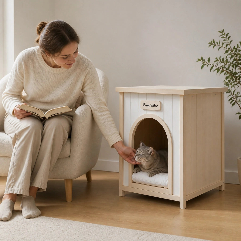 Cuccia per cani in legno con cuscino rimovibile; bianco crema