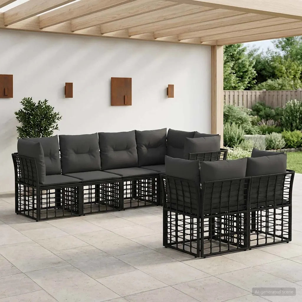 Set di divani da esterno con cuscino 7 pcs Nero Poliestere