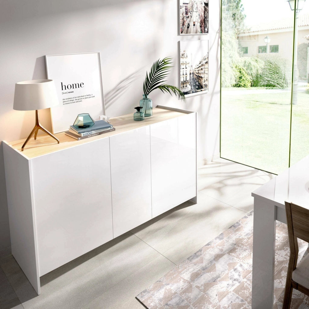 Credenza America, Buffet da soggiorno, Madia moderna da salotto a 3 ante, 138x42h76 cm, Bianco e Rovere