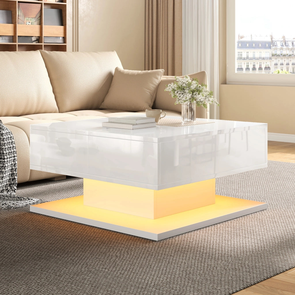 Tavolino da caffè multifunzione 72x72 cm con piano elevabile; LED e cassetti bianco