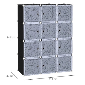 Armadio modulare aperto con 2 barre appendiabiti e 11 vani, per la casa, in plastica, nero, 111 × 47 × 145 cm
