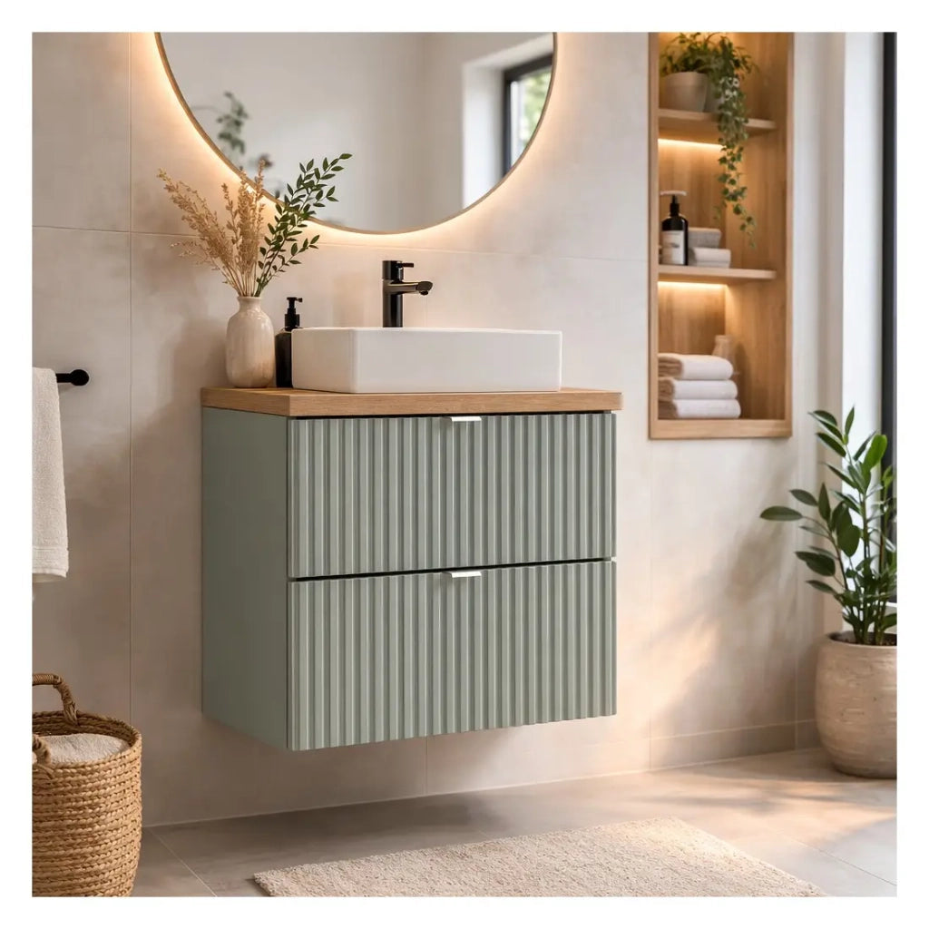 Insieme ELVINA 50cm: mobile sottolavabo con cassetti verde salvia grigio + piano per lavabo effetto legno scuro