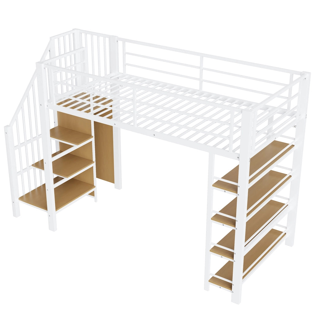 Letto a soppalco 90x200 cm con scala contenitore e armadio; bianco