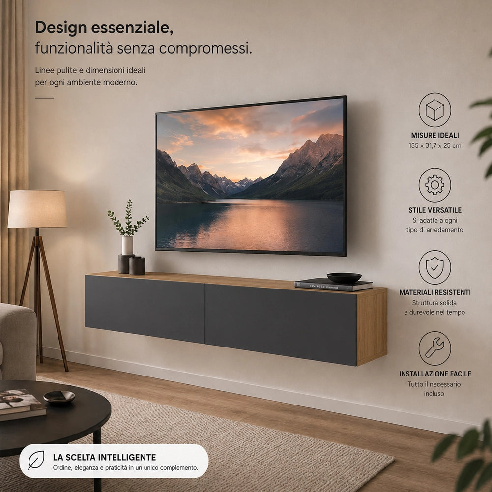 Mobile Porta Tv Sospeso da Salotto Mobiletto 2 Cassetti Antracite 135x31.5x25cm