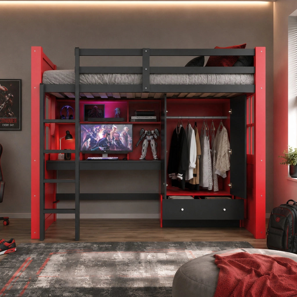 Letto a soppalco 90x200 cm in stile e-sport; con LED; prese; scrivania e armadio; nero e rosso