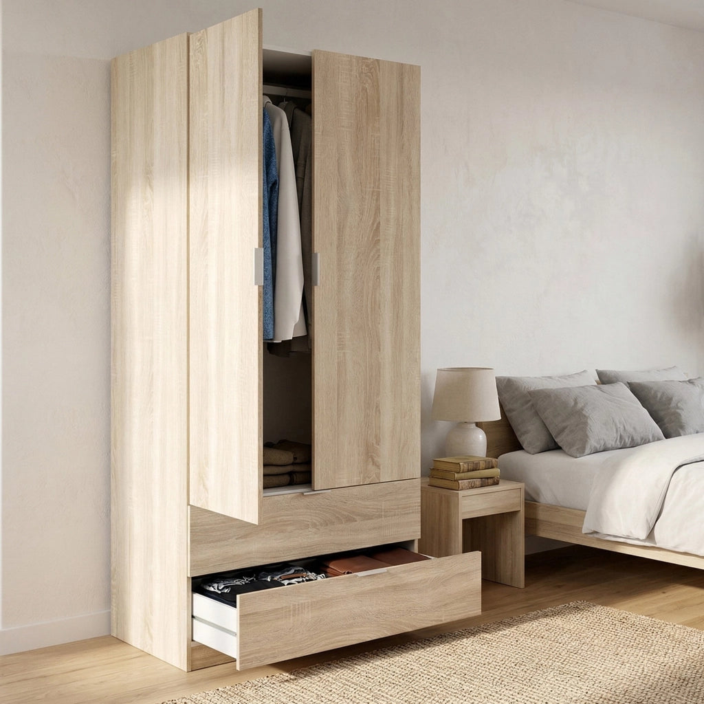 Guardaroba Appadu, Armadio per camera da letto a 2 ante e 2 cassetti, Mobile per camera da letto con barra appendiabiti, cm 81x52h180, Rovere