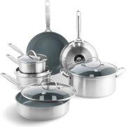 Cottura Anti-aanbak in Acciaio Inox, 10 pezzi, Incluso Padella, Piatto Sauté e Piatto Salsa, Senza PFAS, Induzione, Resistente al Forno, Resistente al Lavastoviglie, Grigio e Piatto a Specchio Argento