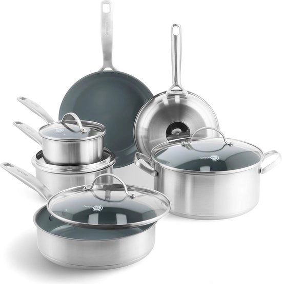 Cottura Anti-aanbak in Acciaio Inox, 10 pezzi, Incluso Padella, Piatto Sauté e Piatto Salsa, Senza PFAS, Induzione, Resistente al Forno, Resistente al Lavastoviglie, Grigio e Piatto a Specchio Argento