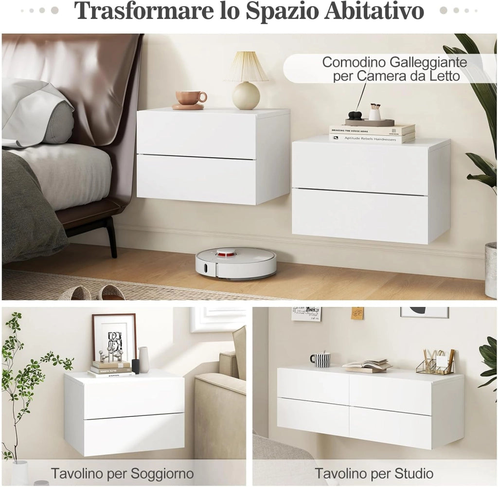 Comodino Camera da Letto Sospeso, Comodino in Legno con 2 Cassetti Salvaspazio, Comodino per Cameretta Moderno da Parete, per Soggiorno, 42 x 30 x 28 cm (Bianco)