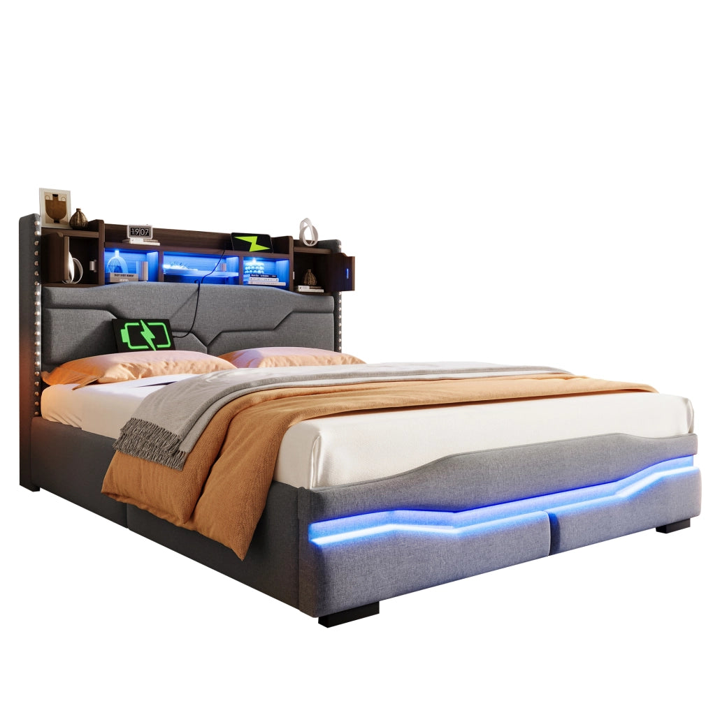Letto imbottito 140x200 cm con contenitore idraulico, LED e prese USB/Type-C