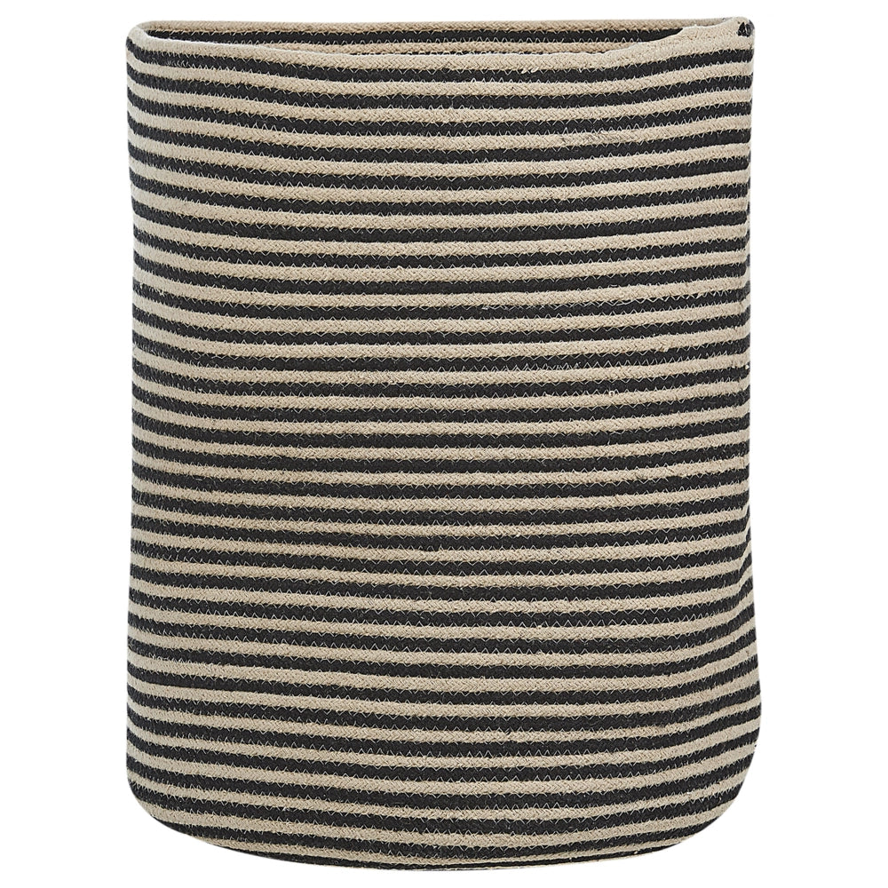 Cesto beige con accessori in tessuto di cotone fantasia a righe nere per la conservazione boho