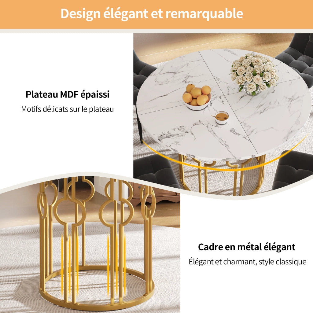 Tavolo da pranzo rotondo con piano in MDF e gambe in ferro, piedini regolabili, per cucina e soggiorno, bianco dorato, 100 × 100 × 76 cm