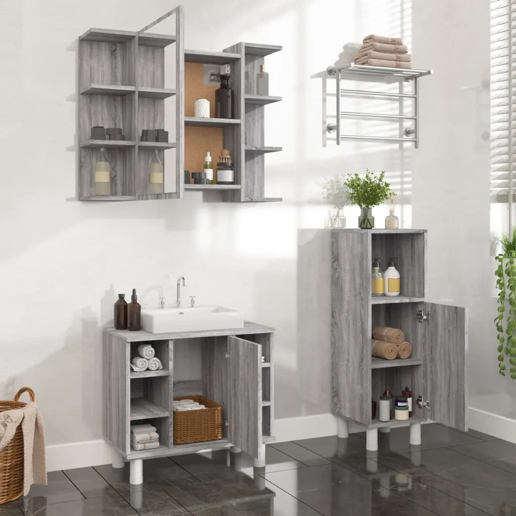 Set Mobili da Bagno 3 pz Grigio Sonoma in Legno Multistrato 3187610