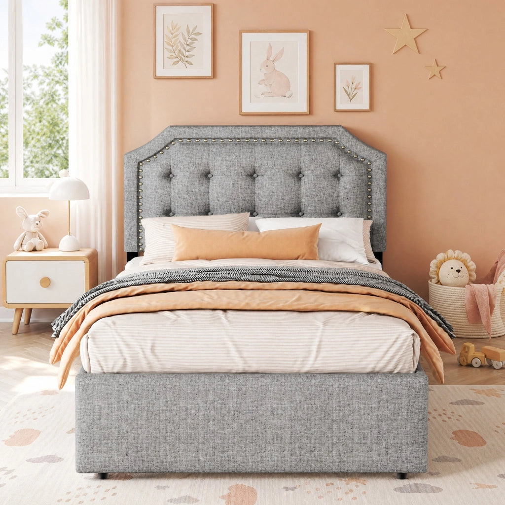 Letto imbottito grigio 90x200 cm con cassetti e testiera regolabile