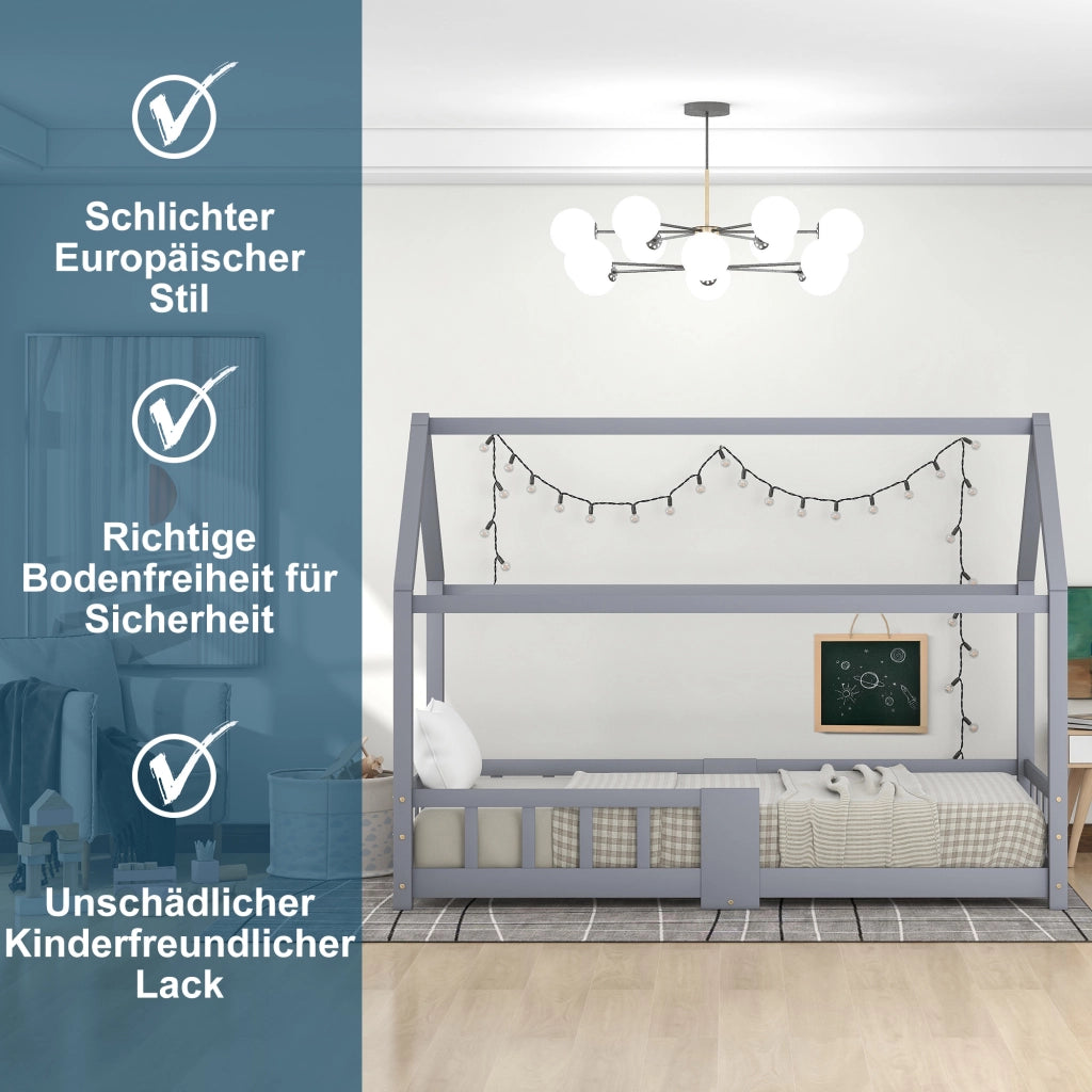DESMIU Letto a casetta per bambini 1 posto con lavagna e sponde di sicurezza, 90 × 200 cm, senza materasso, legno massello grigio