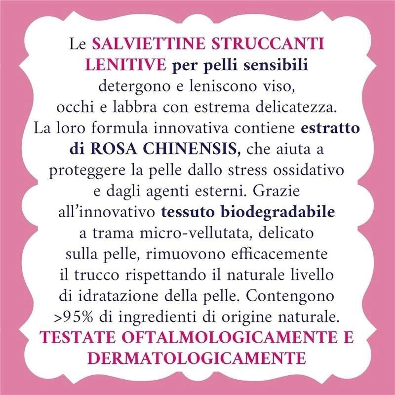 ACQUA ALLE ROSE SALVIETTINE STRUCCANTI LENITIVE PER PELLI SENSIBILI CON ESTRATTO DI ROSA CHINENSIS VISO OCCHI E LABBRA 20 PZ