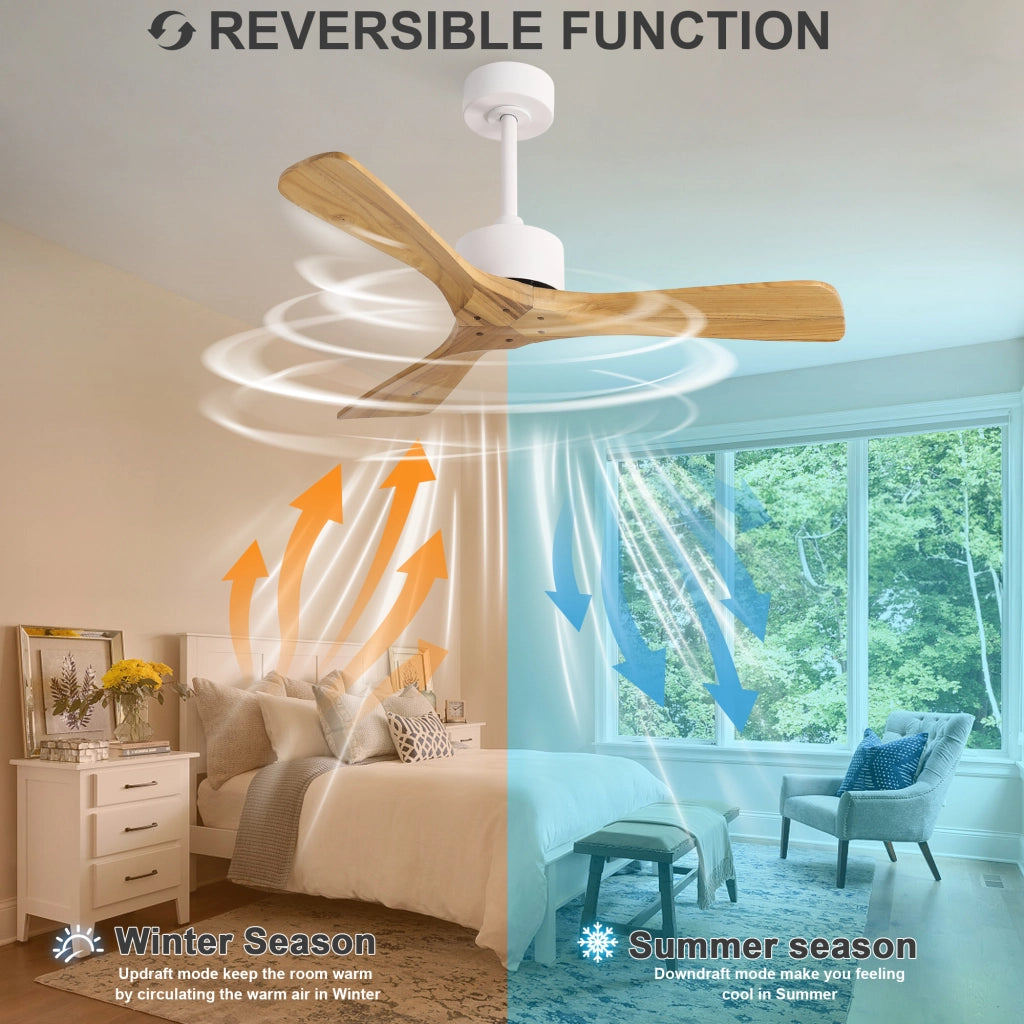 Ventilatore da soffitto moderno 42 pollici senza luce, 3 pale ad elica in legno massello naturale, motore DC reversibile silenzioso, design