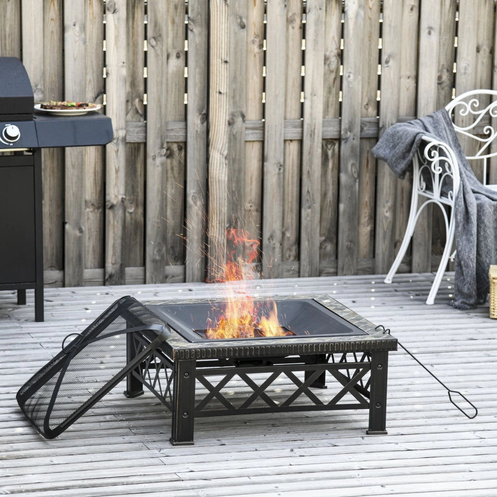 EasyComfort Braciere da Giardino con Coperchio Parascintille e Griglia per Barbecue in Metallo 76x76x47cm Nero