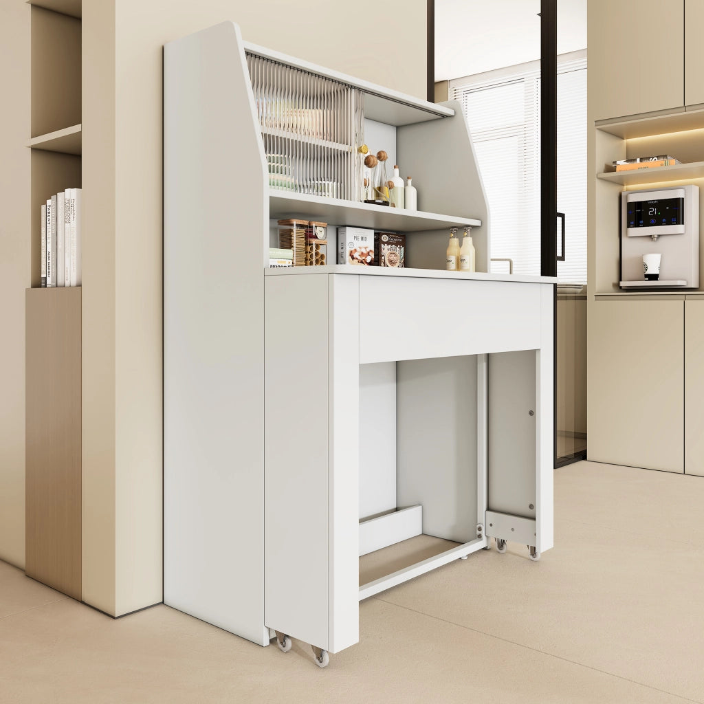 Tavolo da pranzo allungabile con vano contenitore e ripiani, per sala da pranzo, in truciolare e vetro, bianco