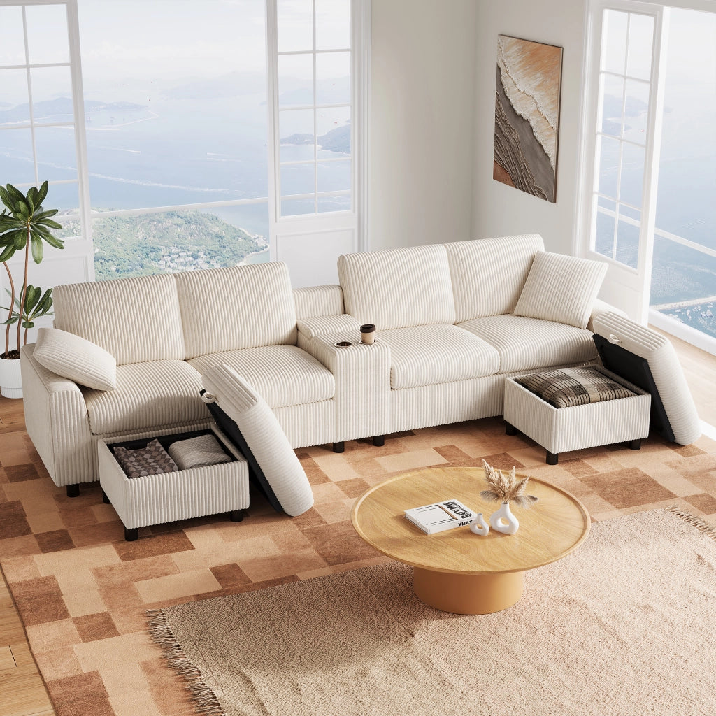 Divano modulare a U con contenitore; porte USB; prese e tavolino in velluto beige