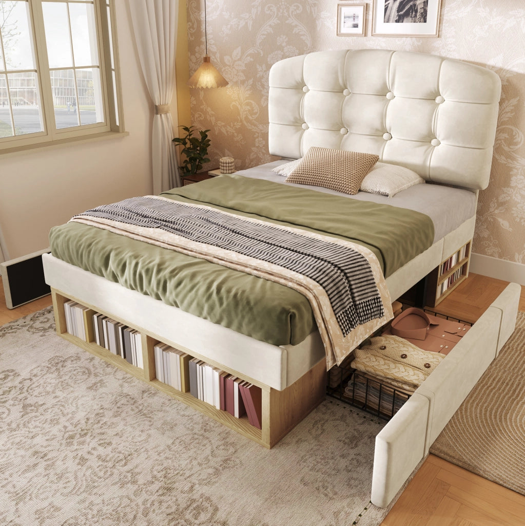 Letto singolo 90x200 cm con testiera regolabile; cassetti e vani; velluto beige